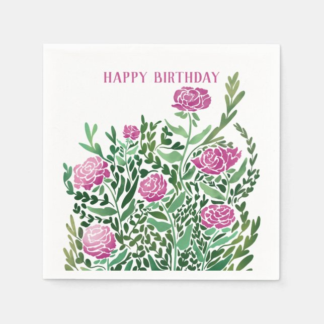 Rosa ros Blommigt Birthday Napkins Pappersservett (Framsidan)