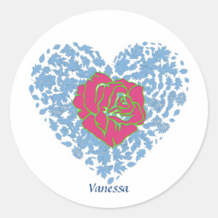 Rosa ros Blommigt Blue Heart Valentine Day Anpassn Runt Klistermärke