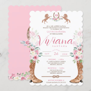 Rosa ros Blommigt Boots Western Charro Quinceañera Inbjudningar