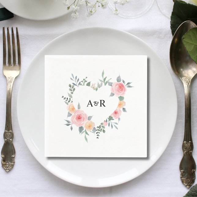 Rosa ros Blommigt Botaniska Hjärtformade Bröllop Pappersservett (Skapare uppladdad)