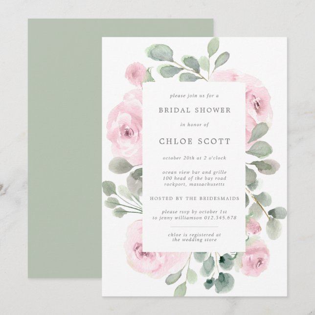 Rosa ros Blommigt Botaniska Möhippan Inbjudningar (Fram/baksida)