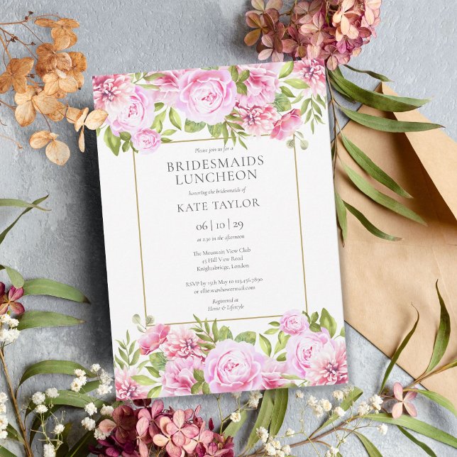 Rosa ros Blommigt Bridesmaids Luncheon Inbjudningar (Pink Roses Floral Bridesmaids Luncheon Invitation)