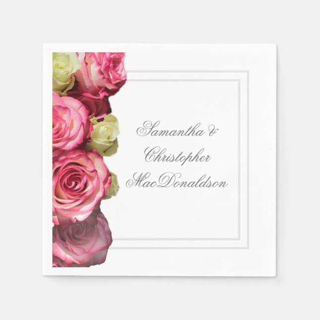 Rosa ros blommigt bröllop pappersservett (Framsidan)