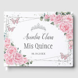 Rosa ros Blommigt Butterflies Silver QUINCEAÑERA Gästböcker