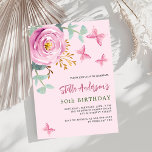 Rosa ros blommigt Butterfly Greenry lyxur-födelsed Inbjudningar<br><div class="desc">En ljus rosa bakgrund. Dekorerad med en rosa ros och grönt vattenfärgad eukalyptus greenery och butterflies. Anpassa och lägg till ditt namn och information om party.</div>