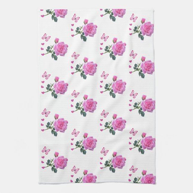 Rosa ros Blommigt Butterfly Hearts Hand Towel Kökshandduk (Vertikal)