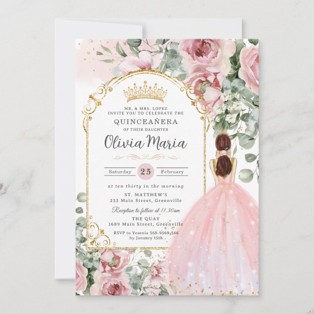  Rosa ros Blommigt Dress Quinceañera Sweet 16 Inbjudningar (Framsida)