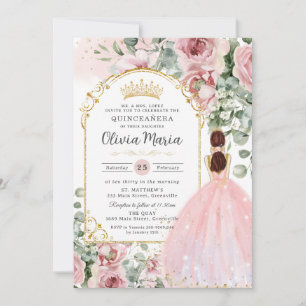 Rosa ros Blommigt Dress Quinceañera Sweet 16 Inbjudningar