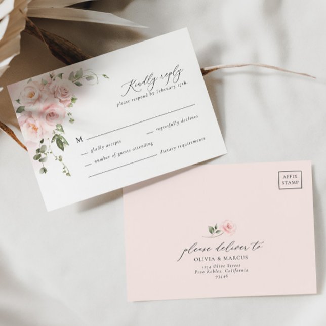  Rosa ros Blommigt Elegant bröllop OSA kort (RSVP Card Front/Back)