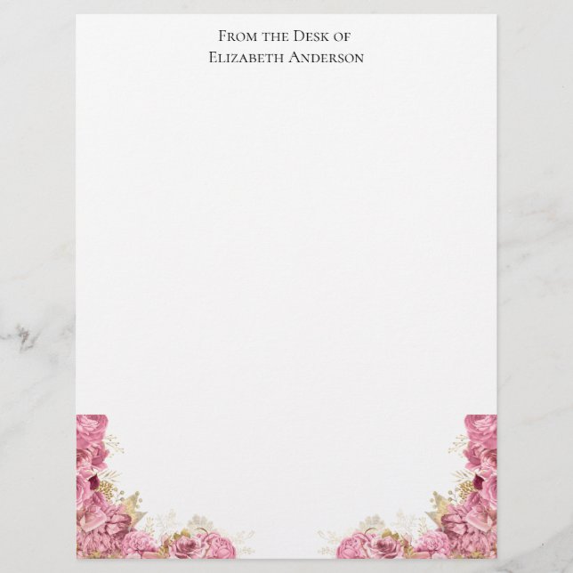 Rosa ros Blommigt Elegant Personlig Letterhead Brevhuvud (Framsida)