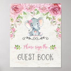 Rosa ros Blommigt Elephant Baby Guest Bok-skylt Poster