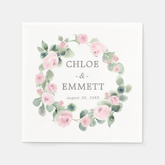 Rosa ros Blommigt Eucalyptus Bröllop Napkins Pappersservett (Framsidan)