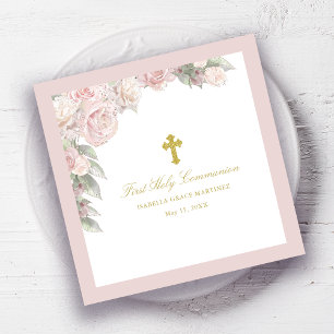 Rosa ros Blommigt First Communion Cocktail Pappersservett