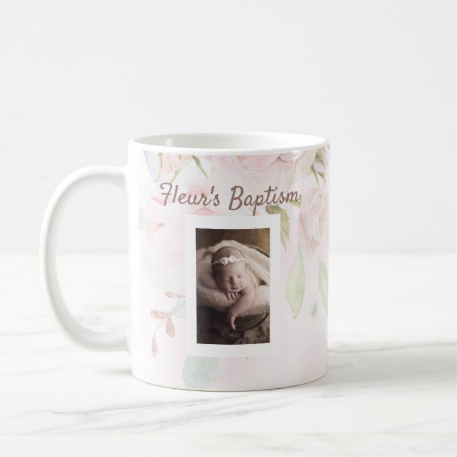Rosa ros blommigt-flicka Baptism Kaffemugg (Vänster)