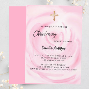 Rosa ros blommigt-flickans lyx Christening Inbjudningar