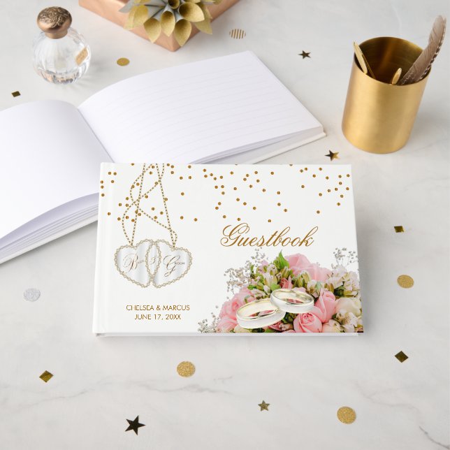Rosa ros Blommigt Flowers - Bröllop Guest Bok (Framsida öppen)