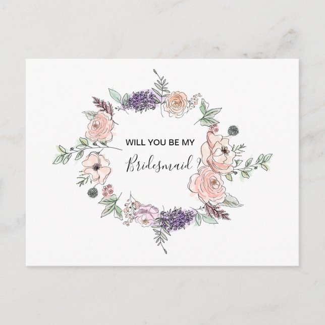Rosa ros Blommigt Garland BRIDESMAID Inbjudan Vykort (Framsida)