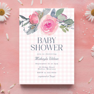 Rosa ros Blommigt Gingham Girl Baby Shower Inbjudningar