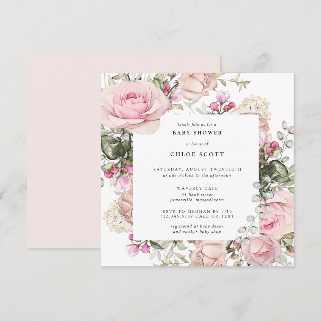  Rosa ros Blommigt Girl Baby Shower Inbjudningar (Fram/baksida)