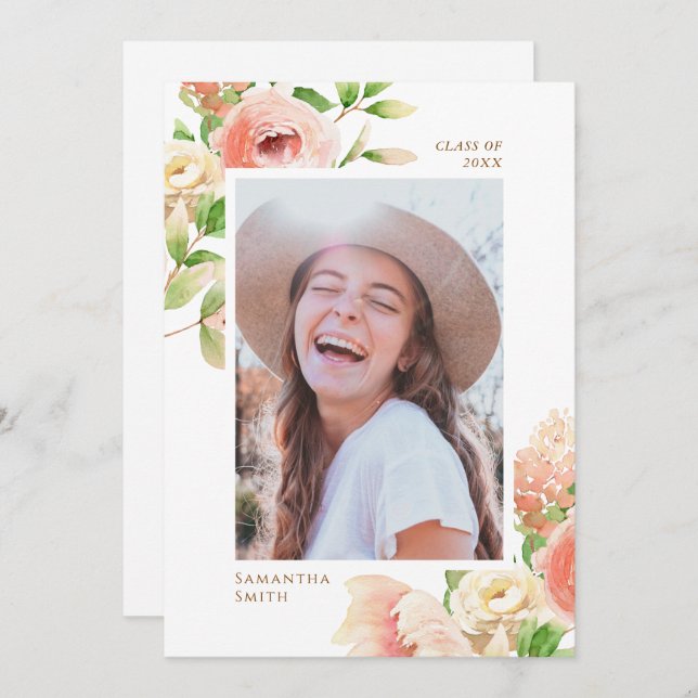 Rosa ros Blommigt Greenery Elegant Photo Studenten Meddelande (Fram/baksida)