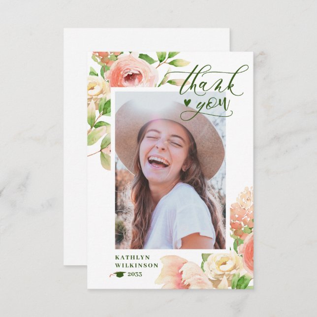 Rosa ros Blommigt Greenery Elegant Photo Studenten Tack Kort (Fram/baksida)