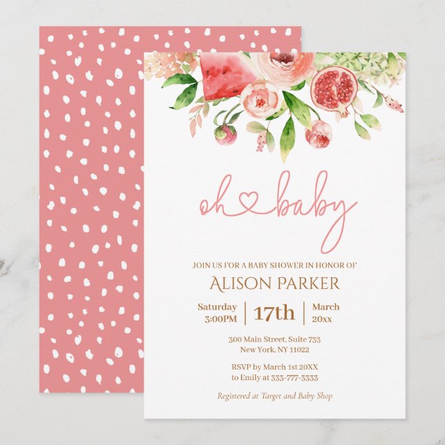 Rosa ros Blommigt Greenery Girl Baby Shower Inbjudningar (Fram/baksida)