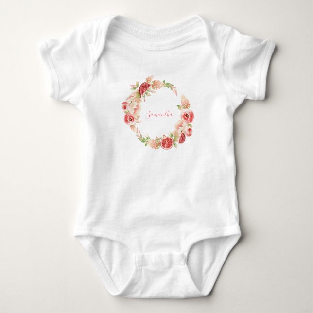 Rosa ros Blommigt Greenery Girl Baby Shower T Shirt (Framsida)