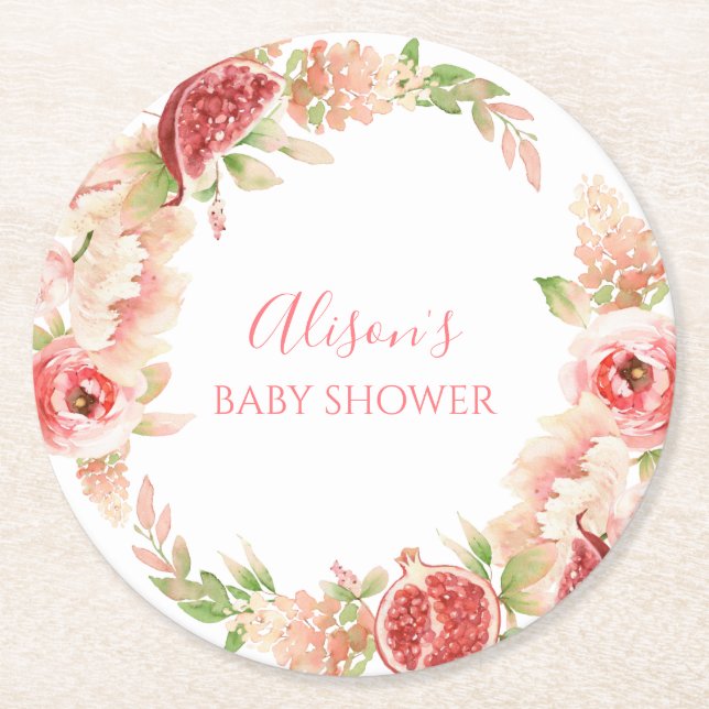 Rosa ros Blommigt Greenery Girl Baby Shower Underlägg Papper Rund (Framsidan)