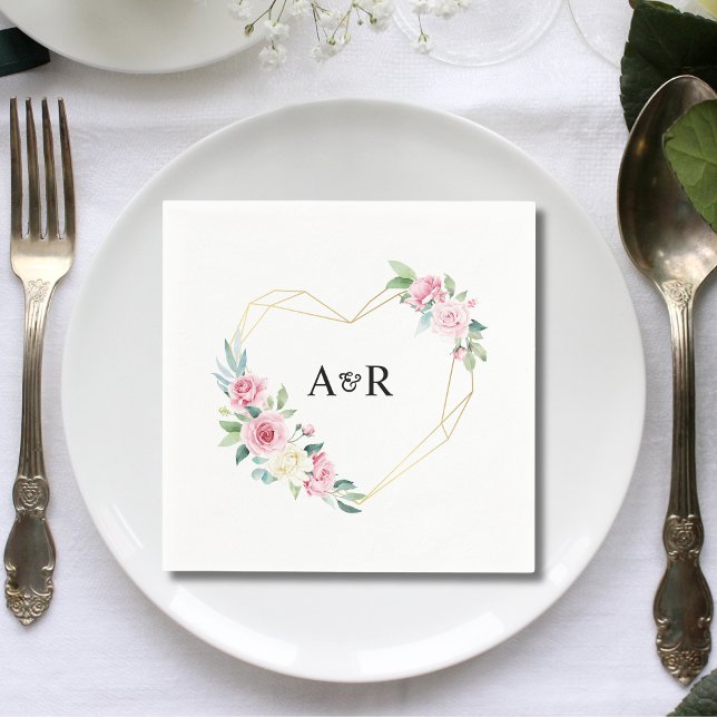 Rosa ros Blommigt Guld Hjärtformade Ram Bröllop Pappersservett (Skapare uppladdad)