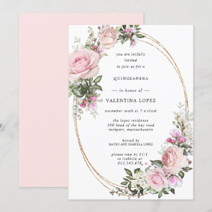 Rosa ros Blommigt Guld Quinceanera Inbjudningar