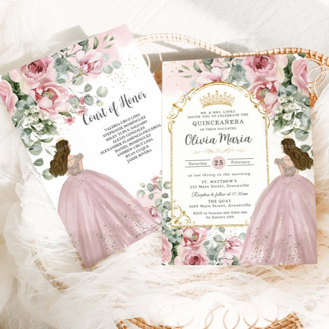  Rosa ros Blommigt Guld Quinceañera Sweet 16 Inbjudningar (Skapare uppladdad)
