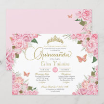Rosa ros Blommigt Guld Tiara Butterfly Quinceanera