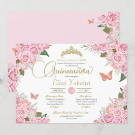 Rosa ros Blommigt Guld Tiara Butterfly Quinceanera Inbjudningar