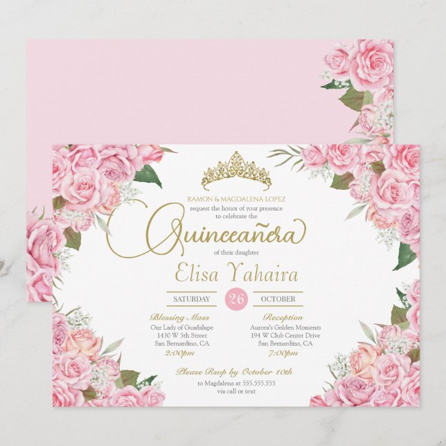 Rosa ros Blommigt Guld Tiara Quinceanera Inbjudningar (Fram/baksida)