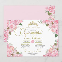 Rosa ros Blommigt Guld Tiara Quinceanera Inbjudningar