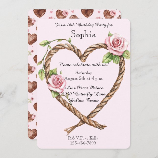 Rosa ros Blommigt Heart 16:e födelsedagen Inbjudningar (Fram/baksida)