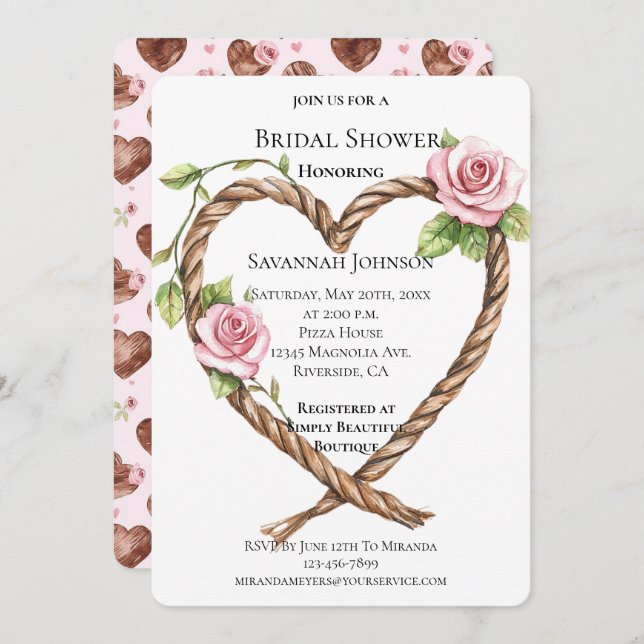 Rosa ros Blommigt Heart Southwest Möhippa Inbjudningar (Fram/baksida)