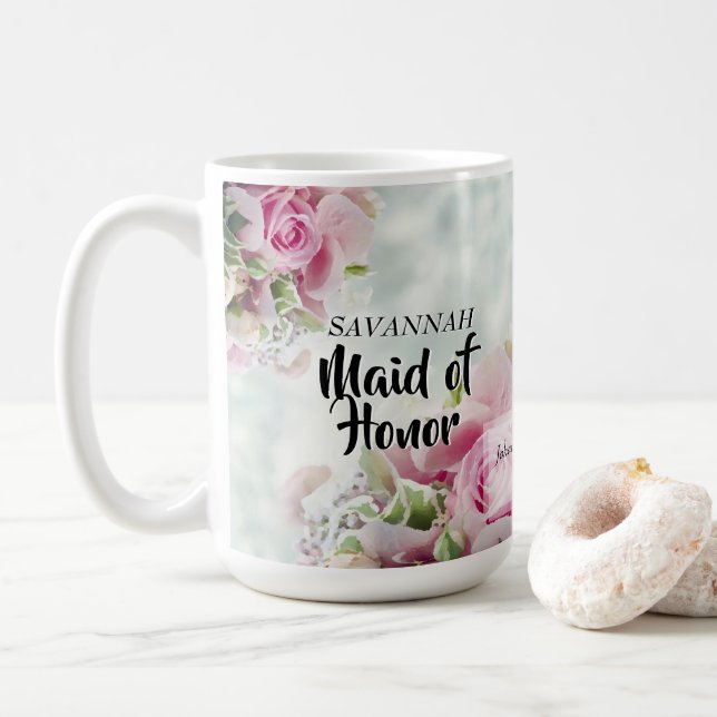 Rosa ros Blommigt Maid of honor bröllopsförmån Kaffemugg (Med munk)