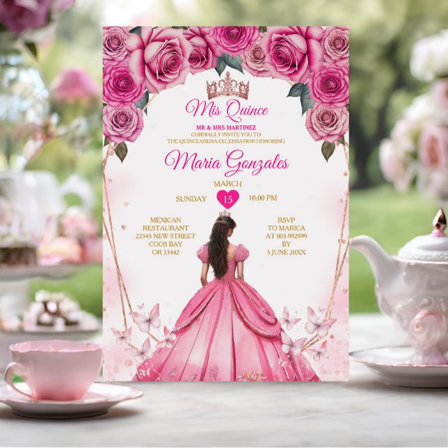 Rosa ros Blommigt Mis Quince 15 Anos Quinceañera Inbjudningar (Skapare uppladdad)