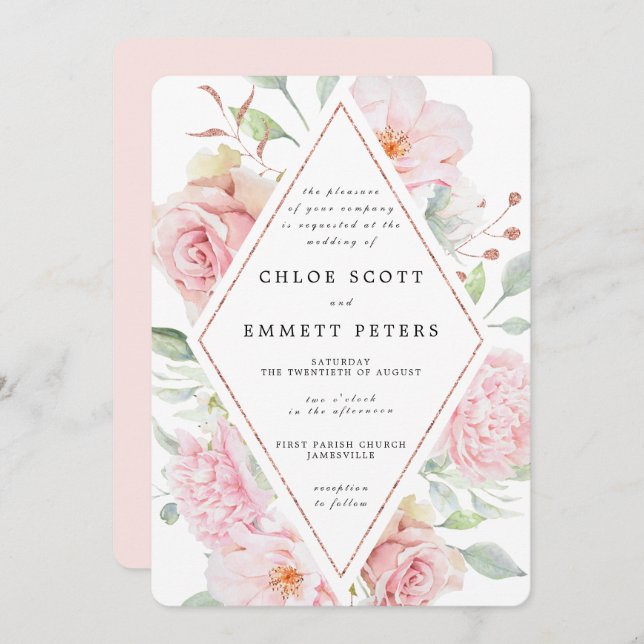 Rosa ros Blommigt Modern Waterolor Bröllop Inbjudningar (Fram/baksida)