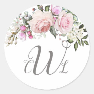 Rosa ros Blommigt Monogram Classic Round Stic Runt Klistermärke