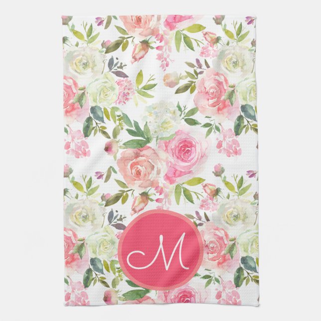 Rosa ros Blommigt Monogrammed Kitchen Towel Kökshandduk (Vertikal)