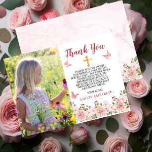 Rosa ros Blommigt och Butterflies Första kommissio Tack Kort