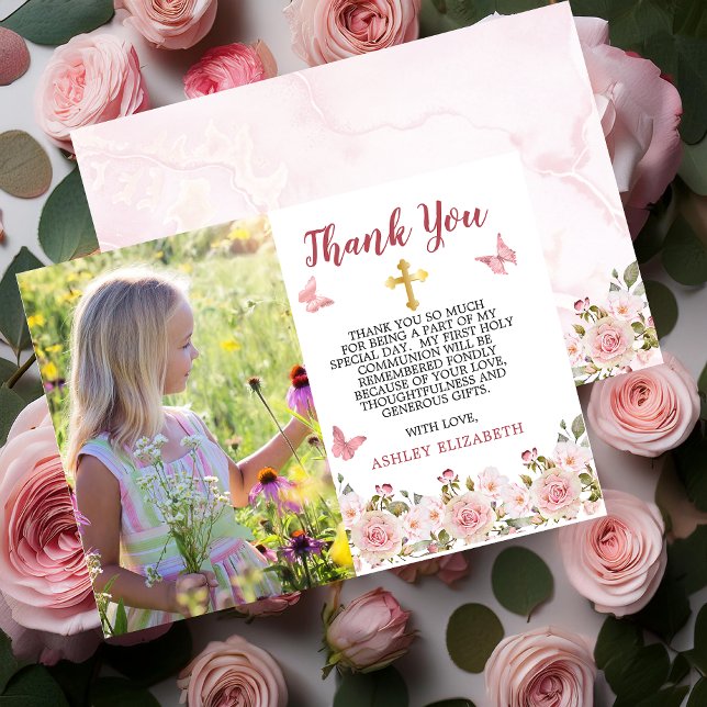 Rosa ros Blommigt och Butterflies Första kommissio Tack Kort (Pink Rose Floral with Pink Butterflies and Gold Tone Trinity Cross Photo Thank You Card)