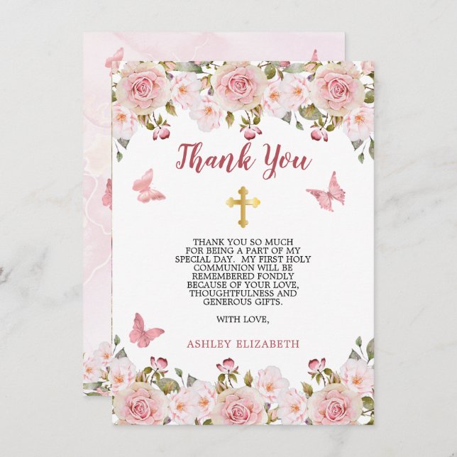 Rosa ros Blommigt och Butterflies Första kommissio Tack Kort (Fram/baksida)