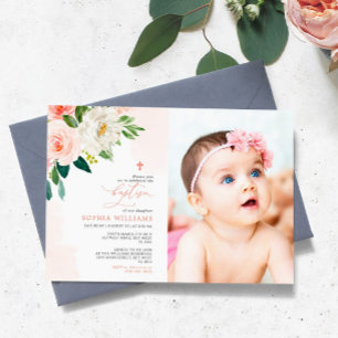 Rosa ros Blommigt Photo Girl Baptism Inbjudningar