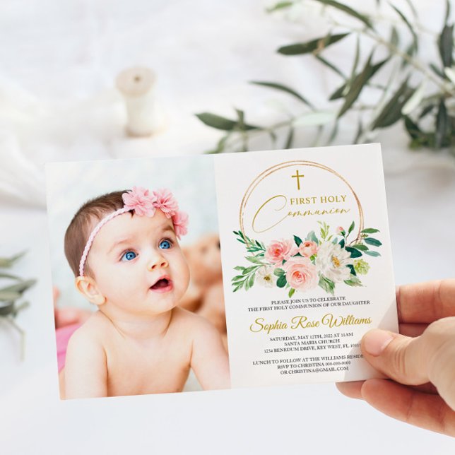 Rosa ros Blommigt Photo Girl First Heliga Communio Inbjudningar (Skapare uppladdad)
