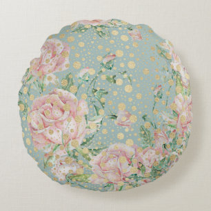 Rosa ros blommigt prick guld teal elegant vintage rund kudde