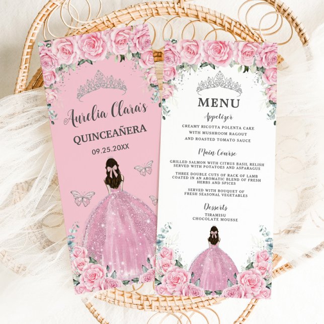 Rosa ros Blommigt Princess Dress Quinceañera Menu Program (Skapare uppladdad)