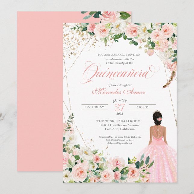  Rosa ros Blommigt Quinceanera Birthday Inbjudningar (Fram/baksida)